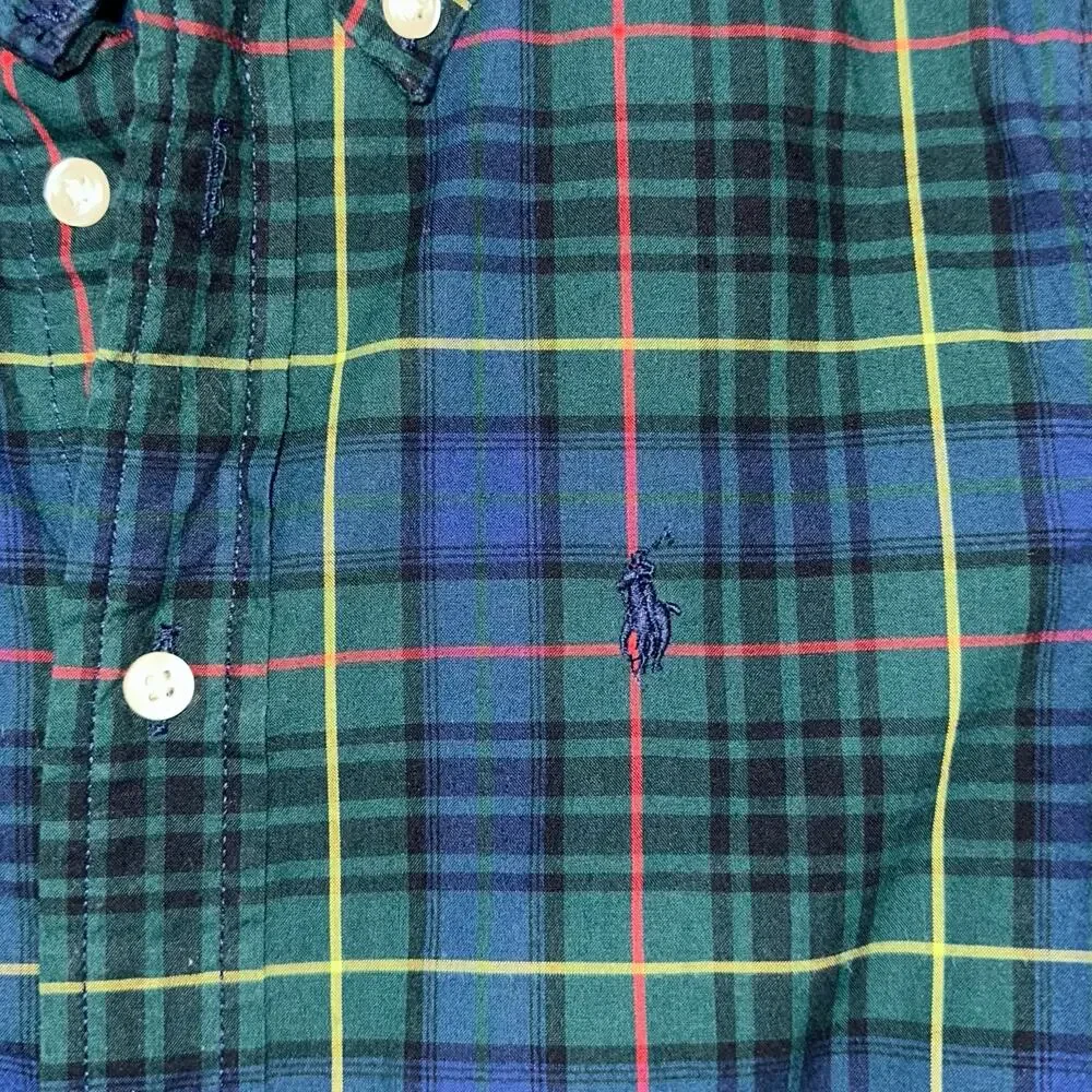 Ralph Lauren Boys Green Blue Check Button Down Long Sleeve Cotton Shirt Size 5